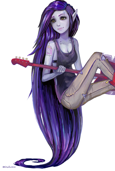 Anime picture 800x1187 with adventure time marceline (adventure time) mirukawa single tall image green eyes signed looking away purple hair very long hair light smile pointy ears tattoo piercing torn clothes transparent background eyebrow piercing girl guitar jeans