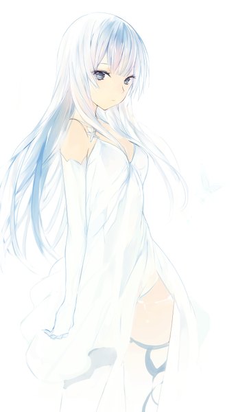 Anime picture 529x874 with original lpip single long hair tall image looking at viewer fringe blue eyes simple background standing white background blue hair revision girl thighhighs dress gloves white thighhighs elbow gloves white gloves