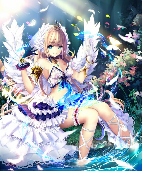 Anime picture 666x800 with kamigoku no valhalla gate aoi (kirabosi105) long hair tall image fringe blue eyes blonde hair smile sitting bare shoulders bent knee (knees) sunlight official art bare belly bare legs sunbeam head wings white wings girl gloves