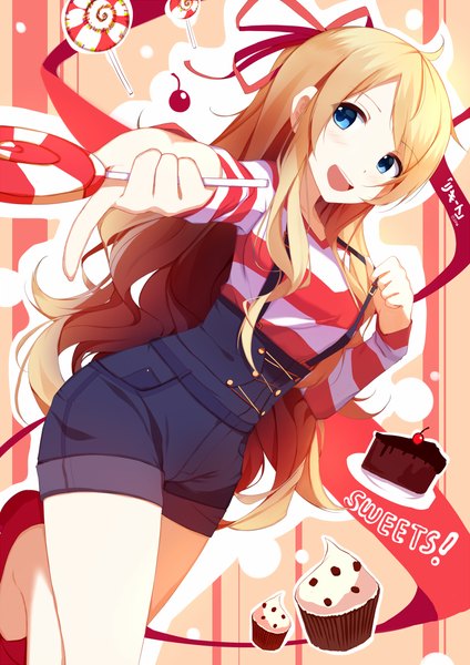 Anime picture 800x1131 with original ifabulicious (original) riki-to single long hair tall image looking at viewer open mouth blue eyes blonde hair girl ribbon (ribbons) hair ribbon food sweets candy cake lollipop overalls