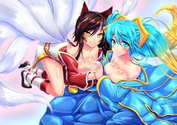 Anime picture 1366x965 with league of legends ahri (league of legends) sona buvelle xano501 long hair looking at viewer blush breasts blue eyes light erotic black hair smile large breasts multiple girls animal ears yellow eyes aqua hair facial mark fox girl whisker markings