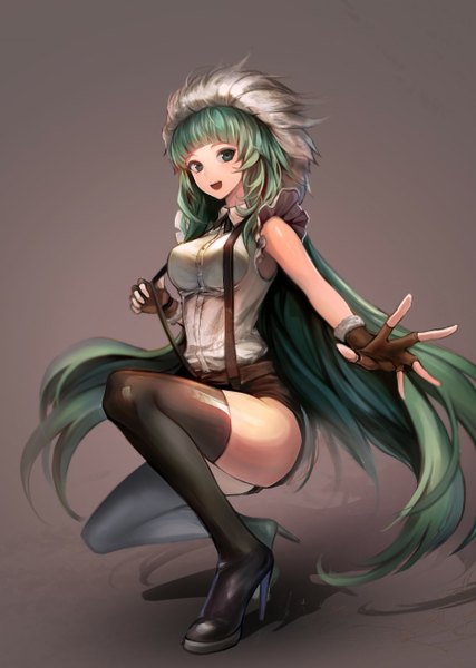 Anime picture 936x1316 with dungeon and fighter gaeyo single tall image fringe breasts open mouth holding very long hair aqua eyes aqua hair high heels happy girl gloves shirt shorts boots fingerless gloves short shorts