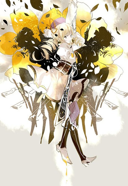 Anime picture 750x1090 with mahou shoujo madoka magica shaft (studio) tomoe mami nanobe single long hair tall image looking at viewer blonde hair twintails brown eyes full body drill hair magical girl girl thighhighs skirt flower (flowers) ribbon (ribbons) weapon