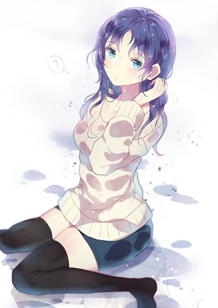 Anime picture 777x1099 with nagi no asukara p.a. works hiradaira chisaki domotolain single long hair tall image looking at viewer blush breasts blue eyes sitting purple hair from above zettai ryouiki adjusting hair girl thighhighs black thighhighs sweater