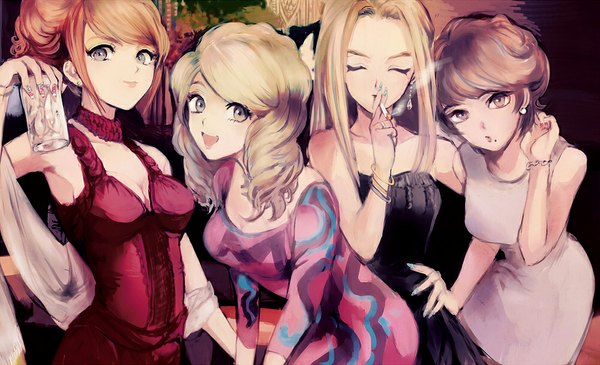 Anime picture 1000x609 with original jdjd0tmt long hair looking at viewer short hair open mouth blonde hair smile brown hair wide image bare shoulders multiple girls brown eyes cleavage eyes closed nail polish orange hair sleeveless hand on hip silver eyes