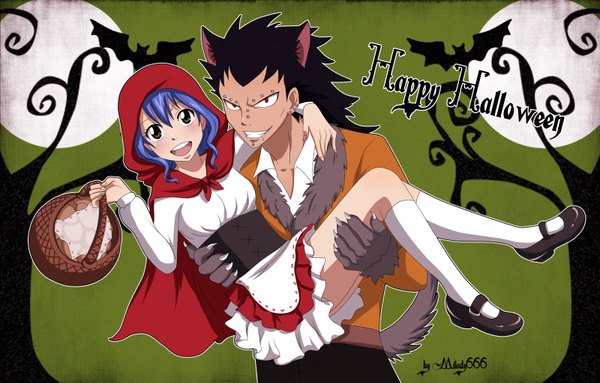 Anime picture 1600x1023 with fairy tail gajeel redfox levy mcgarden milady666 long hair blush open mouth black hair smile red eyes holding brown eyes blue hair inscription grin piercing halloween wolf ears wolf tail happy halloween