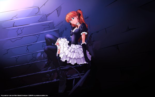 Anime picture 2560x1600 with neon genesis evangelion gainax soryu asuka langley highres blue eyes wide image red hair girl collar stairs