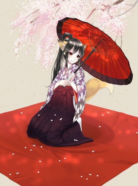 Anime picture 1400x1880 with original ryou@ryou single long hair tall image black hair red eyes sitting animal ears ponytail traditional clothes japanese clothes animal tail cherry blossoms seiza yagasuri girl petals umbrella branch