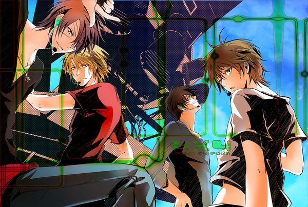 Anime picture 1440x970 with nico nico singer shihouakira fringe short hair blonde hair brown hair green eyes looking back light smile from behind hair over one eye looking up group boy eyepatch t-shirt microphone