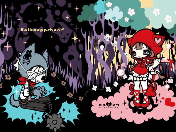Anime picture 1024x768 with little red riding hood little red riding hood (character) tail thighhighs dress flower (flowers) plant (plants) tree (trees) heart forest skull knife wolf squirrel