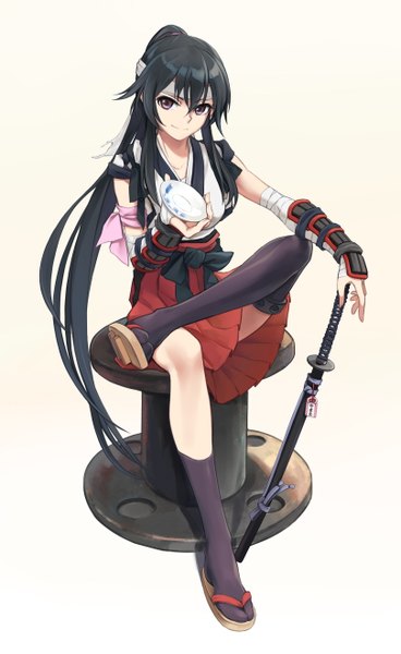 Anime picture 1617x2636 with kantai collection yahagi light cruiser kisetsu single long hair tall image breasts black hair simple background purple eyes bent knee (knees) ponytail traditional clothes head tilt japanese clothes pleated skirt shadow outstretched arm eyebrows sheathed
