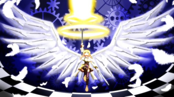 Anime picture 1920x1080 with mahou shoujo madoka magica shaft (studio) tomoe mami cerberus1013 single highres blonde hair wide image yellow eyes drill hair checkered floor fake wings girl weapon wings gun rifle gears musket
