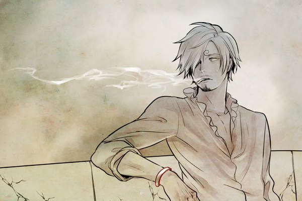 Anime picture 1021x681 with one piece toei animation sanji yuu (1969loy) single fringe short hair blue eyes simple background holding looking away upper body parted lips hair over one eye arm support mouth hold monochrome smoke eyebrows smoking