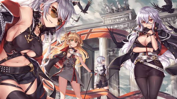 Anime picture 1422x800 with azur lane prinz eugen (azur lane) graf zeppelin (azur lane) admiral hipper (azur lane) tirpitz (azur lane) ks long hair looking at viewer fringe short hair breasts blue eyes light erotic blonde hair smile hair between eyes red eyes wide image standing multiple girls