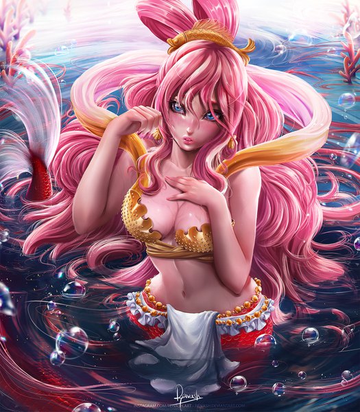Anime picture 1800x2057 with one piece toei animation shirahoshi javier estrada single long hair tall image blush fringe highres breasts blue eyes light erotic hair between eyes large breasts signed pink hair nail polish parted lips from above