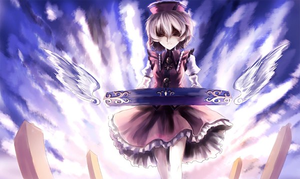 Anime picture 1054x632 with touhou lyrica prismriver paseri single short hair blonde hair red eyes wide image sky cloud (clouds) girl dress hat wings synthesizer