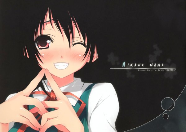 Anime picture 3603x2556 with original kantoku single looking at viewer blush highres short hair black hair simple background smile red eyes one eye closed wink grin black background fingers together girl