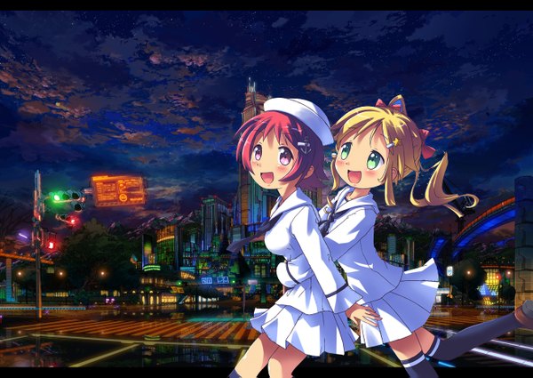 Anime picture 1318x935 with tagme (artist) short hair blonde hair smile twintails multiple girls green eyes cloud (clouds) red hair pink eyes night sky city short twintails crosswalk crossroads girl hair ornament 2 girls hairclip beret