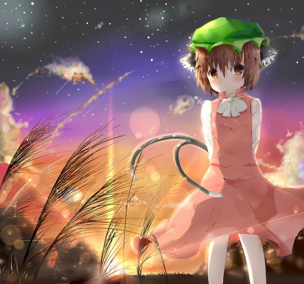 Anime picture 1250x1170 with touhou chen kumano mori (artist) single looking at viewer blush short hair brown hair brown eyes animal ears sky cloud (clouds) tail animal tail light smile cat ears cat tail evening sunset multiple tails