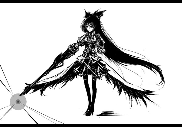 Anime picture 1500x1050 with touhou reiuji utsuho acryl (artist) single black hair simple background smile white background very long hair high heels monochrome arm cannon girl skirt bow weapon hair bow wings thigh boots