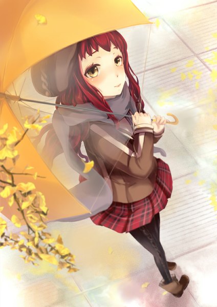 Anime picture 827x1169 with original xinluo single long hair tall image looking at viewer blush yellow eyes red hair autumn transparent umbrella girl skirt pantyhose boots black pantyhose scarf leaf (leaves) umbrella ginkgo