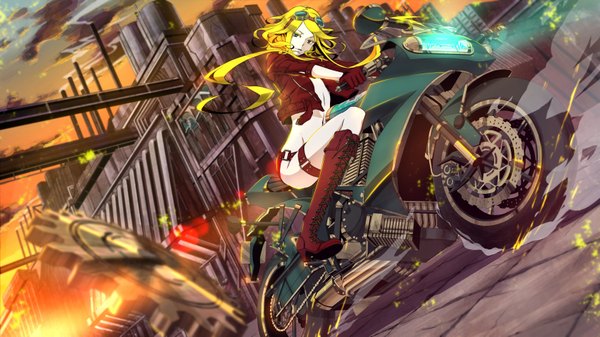 Anime picture 3360x1890 with vocaloid gumi no.734 single long hair highres blonde hair wide image aqua eyes evening sunset girl boots goggles gears motorcycle