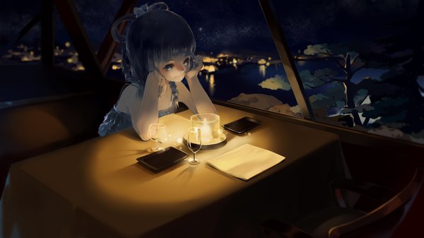 Anime picture 1920x1080 with vocaloid vocaloid china luo tianyi gkun (aloing) single highres short hair blue eyes wide image sitting blue hair night girl dress hair ornament table candle (candles)