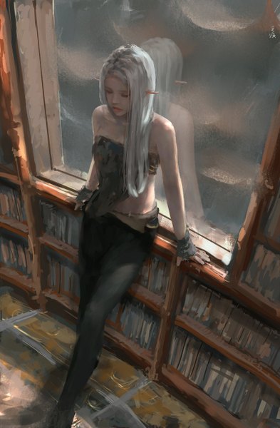 Anime picture 800x1221 with ghost blade yan (ghost blade) wlop single long hair tall image standing bare shoulders indoors from above lips pointy ears grey hair arm support reflection girl book (books) pants shelf bookshelf