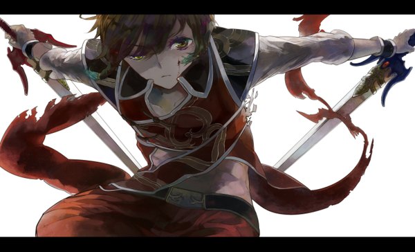 Anime picture 2800x1700 with shin sangoku musou lu xun ff14kate single looking at viewer highres short hair brown hair wide image white background green eyes torn clothes boy navel sword bracelet blood