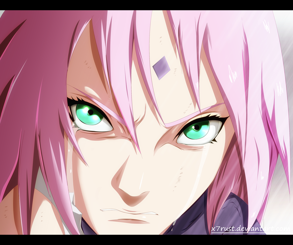 Anime picture 3000x2511 with naruto studio pierrot naruto (series) haruno sakura x7rust single highres short hair green eyes pink hair absurdres sunlight tears coloring facial mark letterboxed close-up face crying girl