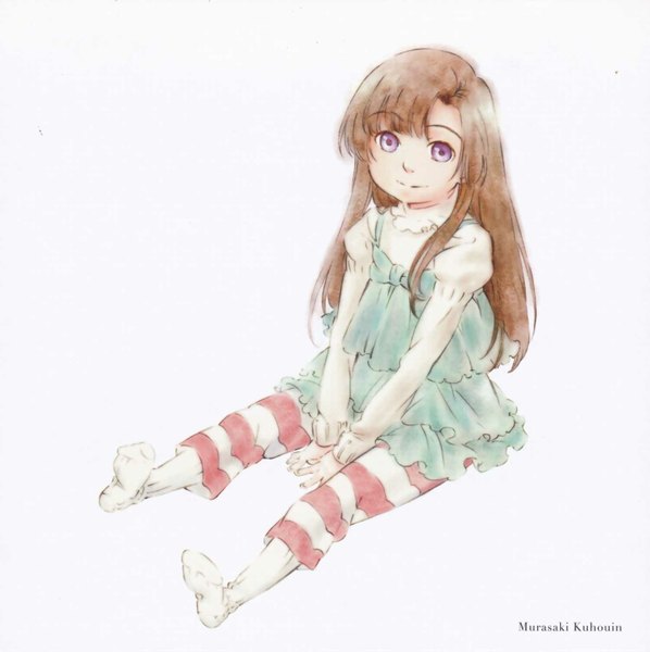 Anime picture 1500x1506 with kure-nai kuhouin murasaki single long hair fringe simple background smile brown hair white background purple eyes full body light smile from above character names striped girl child (children)