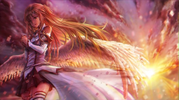 Anime picture 1920x1080 with sword art online a-1 pictures yuuki asuna freeze-ex single long hair highres open mouth brown hair wide image bare shoulders brown eyes sky cloud (clouds) sunlight tears evening looking down sunset angel wings