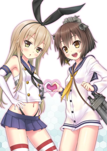 Anime picture 1200x1688 with kantai collection shimakaze destroyer yukikaze destroyer gotou hisashi long hair tall image blush short hair open mouth light erotic simple background blonde hair brown hair white background multiple girls yellow eyes lolicon heart hands girl thighhighs