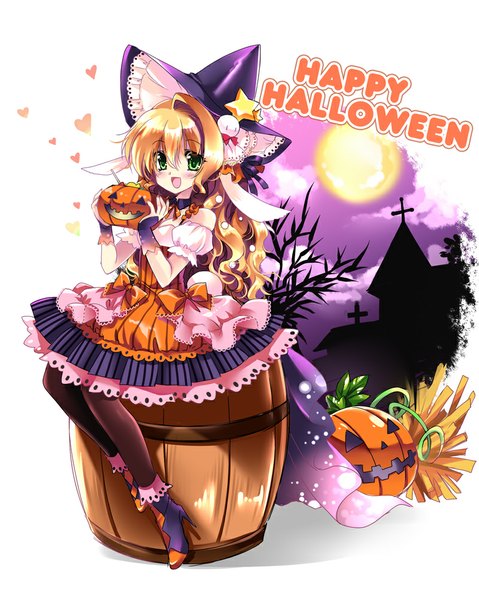 Anime picture 800x1002 with original sakurano tsuyu single long hair tall image blush open mouth blonde hair green eyes halloween witch happy halloween girl dress bow heart witch hat