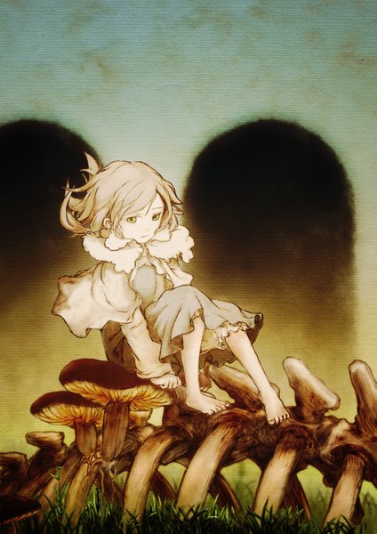 Anime picture 1131x1600 with psycho (artist) single tall image looking at viewer highres short hair sitting green eyes barefoot girl dress mushroom (mushrooms)