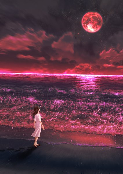 Anime picture 723x1023 with original kun52 single long hair tall image black hair cloud (clouds) full body barefoot from behind night night sky beach light horizon red moon girl dress white dress sea