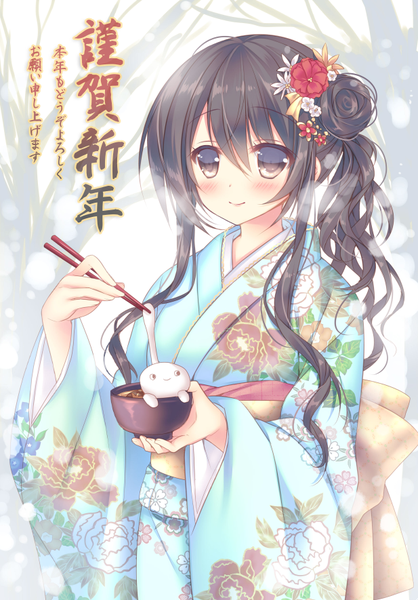 Anime picture 617x885 with original sorai shin'ya single long hair tall image blush fringe black hair smile hair between eyes holding brown eyes traditional clothes japanese clothes inscription wide sleeves hair bun (hair buns) floral print side ponytail hieroglyph