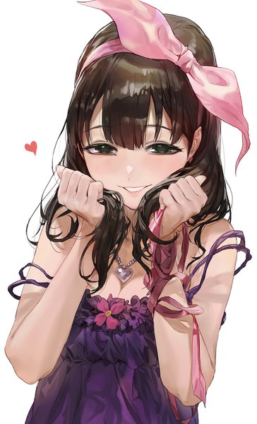 Anime picture 1200x1974 with idolmaster idolmaster cinderella girls sakuma mayu modare single long hair tall image looking at viewer blush fringe breasts simple background smile brown hair white background green eyes cleavage upper body strap slip holding hair