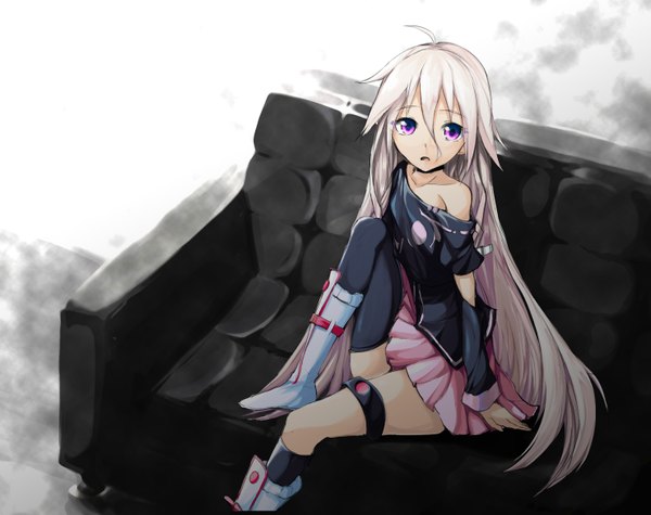 Anime picture 2959x2344 with vocaloid ia (vocaloid) solru (tyappygain) single long hair looking at viewer highres open mouth sitting purple eyes pink hair girl thighhighs skirt couch pink skirt