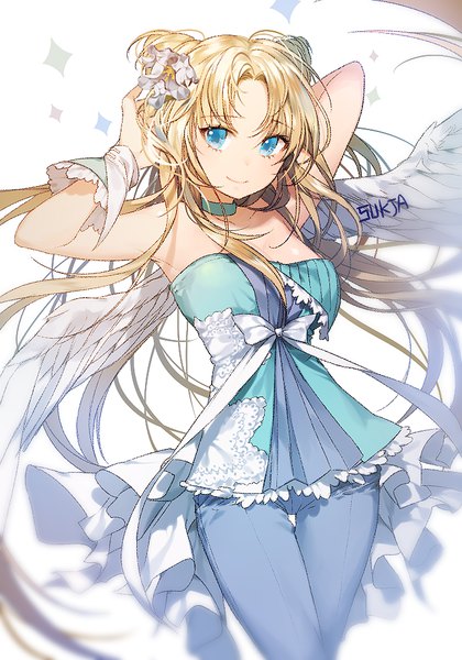 Anime picture 700x1000 with original sorolp single long hair tall image looking at viewer blue eyes blonde hair smile bare shoulders signed cleavage hair flower hair bun (hair buns) adjusting hair arm behind head angel wings girl flower (flowers) wings