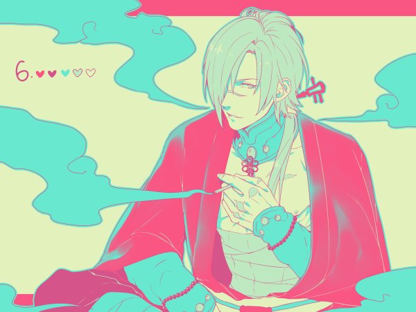 Anime picture 1200x900 with dramatical murder nitro+chiral koujaku kuwa ayase single long hair fringe sitting looking away upper body hair over one eye scar smoke low ponytail boy choker hairclip bandage (bandages) beads cigarette