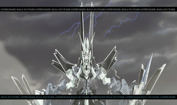 Anime picture 1400x834 with gothicmade: hana no utame single looking at viewer wide image sky cloud (clouds) inscription grey background lightning robot