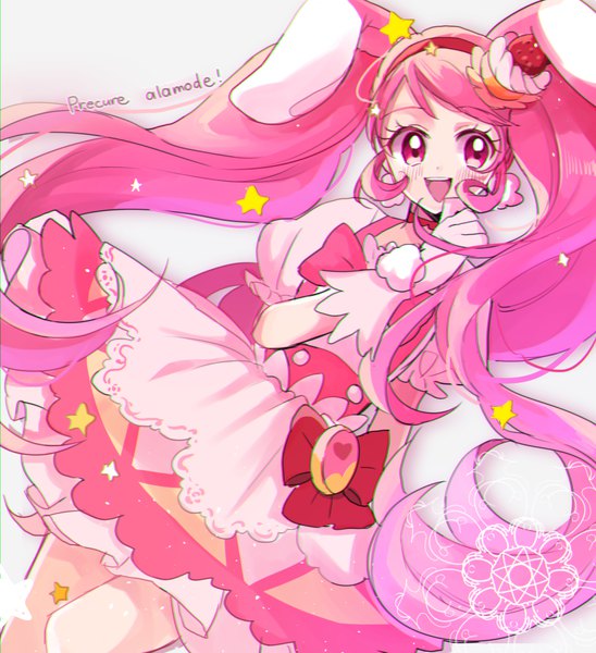Anime picture 1000x1094 with precure kirakira precure a la mode toei animation usami ichika cure whip kojiko (kizikoriann) single long hair tall image looking at viewer blush fringe open mouth simple background smile twintails animal ears payot pink hair :d