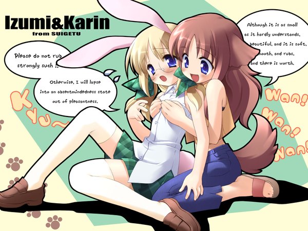 Anime picture 1600x1200 with suigetsu miyashiro karin shinjou izumi highres breasts light erotic animal ears tail bunny ears wallpaper breast grab shoujo ai dog ears dog tail ranguage engrish glasses