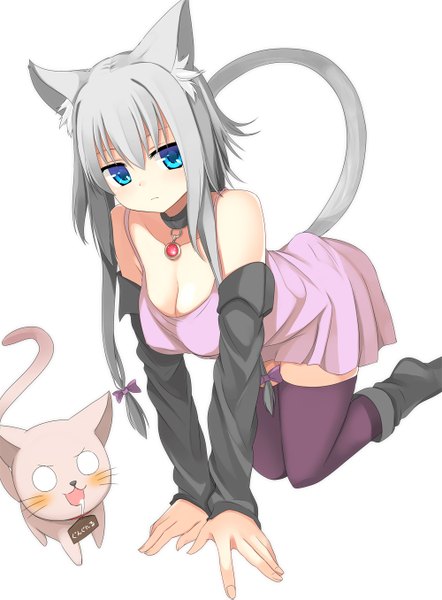 Anime picture 1000x1355 with original mahcdai single long hair tall image looking at viewer blush fringe blue eyes light erotic hair between eyes bare shoulders animal ears payot cleavage full body tail animal tail grey hair cat ears