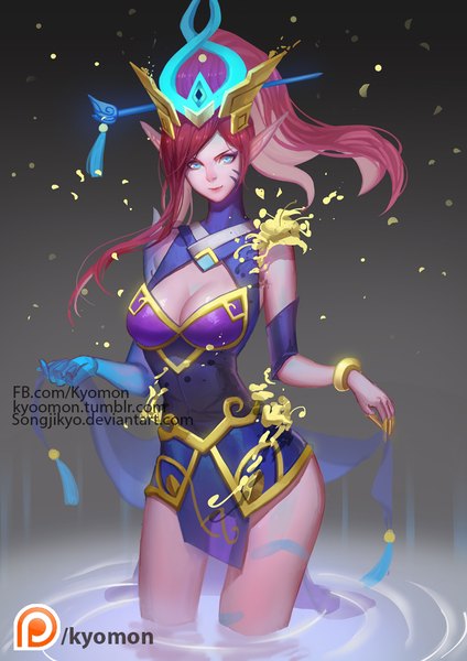 Anime picture 744x1053 with league of legends caitlyn (league of legends) songjikyo single long hair tall image looking at viewer breasts blue eyes light erotic standing cleavage red hair pointy ears partially submerged makeup girl water bracelet