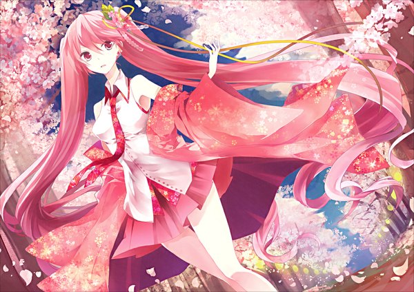 Anime picture 1000x707 with vocaloid hatsune miku sakura miku t miyanagi single long hair looking at viewer twintails pink hair pink eyes cherry blossoms girl hair ornament plant (plants) petals tree (trees) necktie