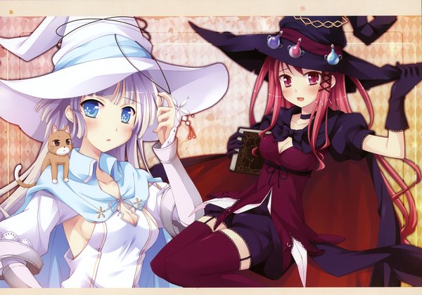 Anime picture 2998x2100 with witch's garden hinomiya ayari yukimura suzuno ko~cha long hair blush highres open mouth blue eyes red eyes multiple girls silver hair red hair scan witch girl thighhighs dress gloves 2 girls