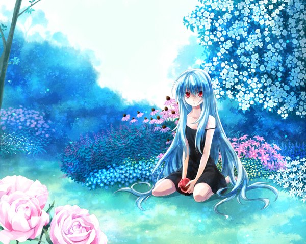 Anime picture 1252x1000 with original ginnyou (artist) single long hair looking at viewer red eyes sitting bare shoulders blue hair barefoot girl dress flower (flowers) black dress apple