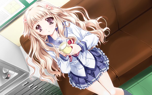Anime picture 1024x640 with hatsukoi yohou (game) long hair blonde hair wide image game cg black eyes girl serafuku